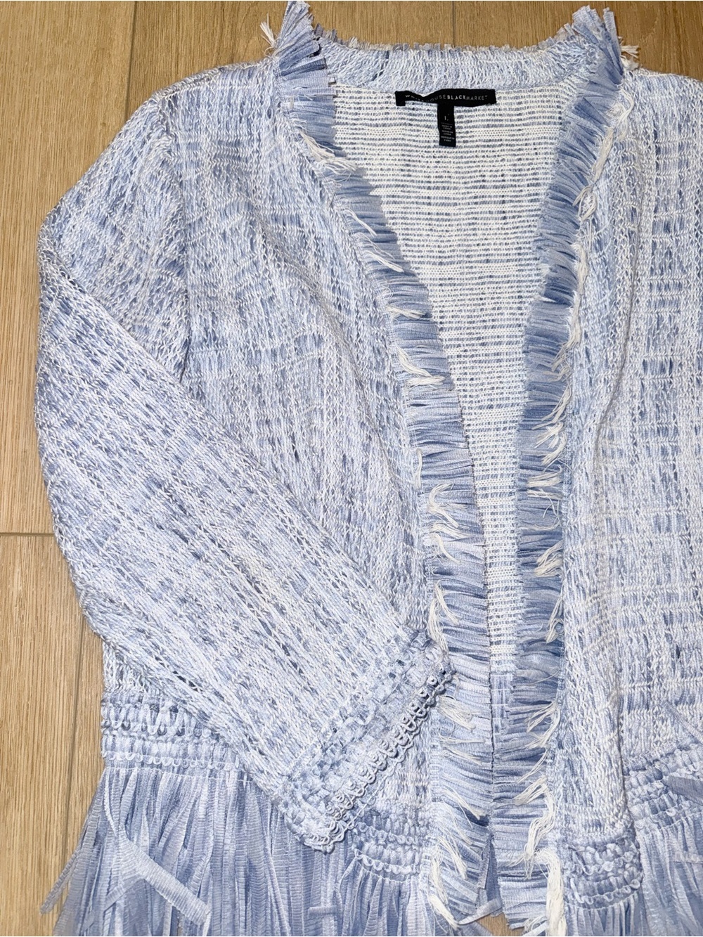 White House Black Market Pale Blue Fringe Open-Front Cardigan